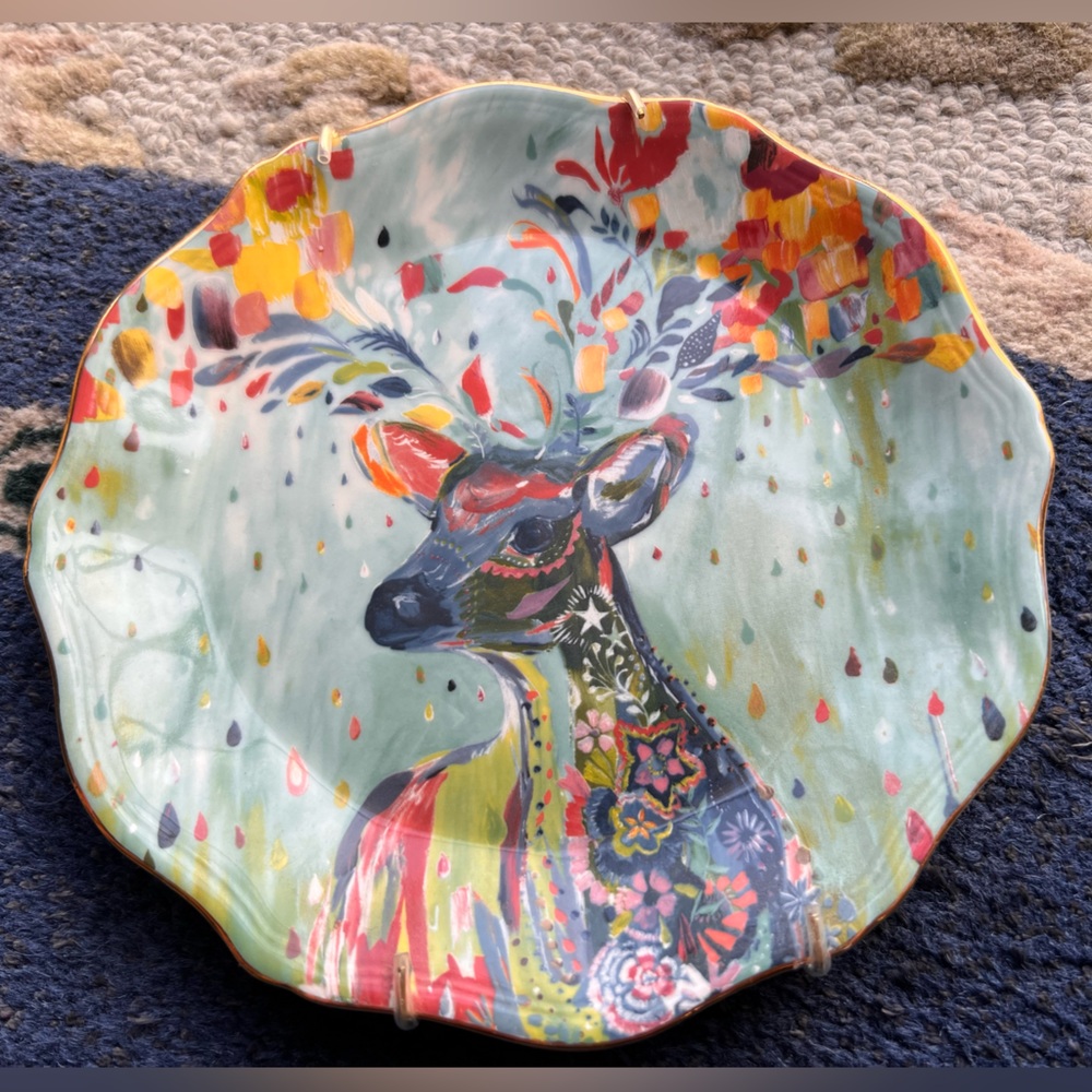 Starla Halfmann Dessert Plate 8 1/4” Deer Rampart Multicolored Gold Rim Hanger
